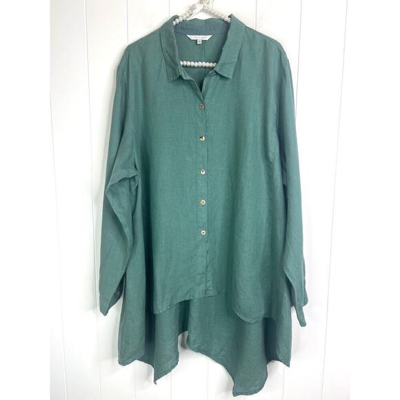 Kleen 100% Linen Asymmetrical Hem Buttondown Long Sleeve Blouse Size 1X - Picture 1 of 7